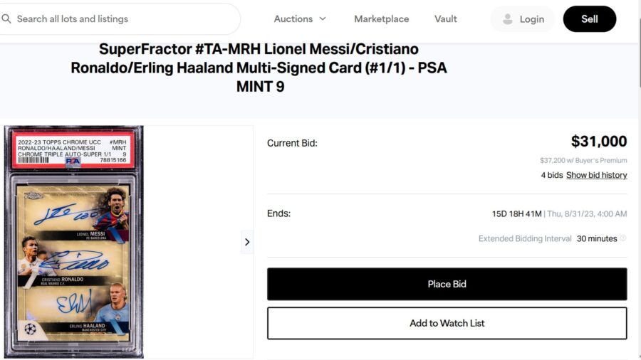 La card Triple Autographs di Messi, CR7 e Haaland in vendita su Goldin